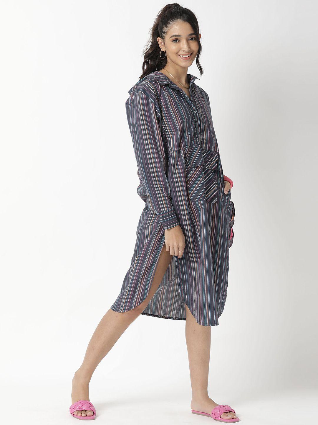 rareism-women-black-&-pink-striped-hooded-cotton-shirt-midi-dress