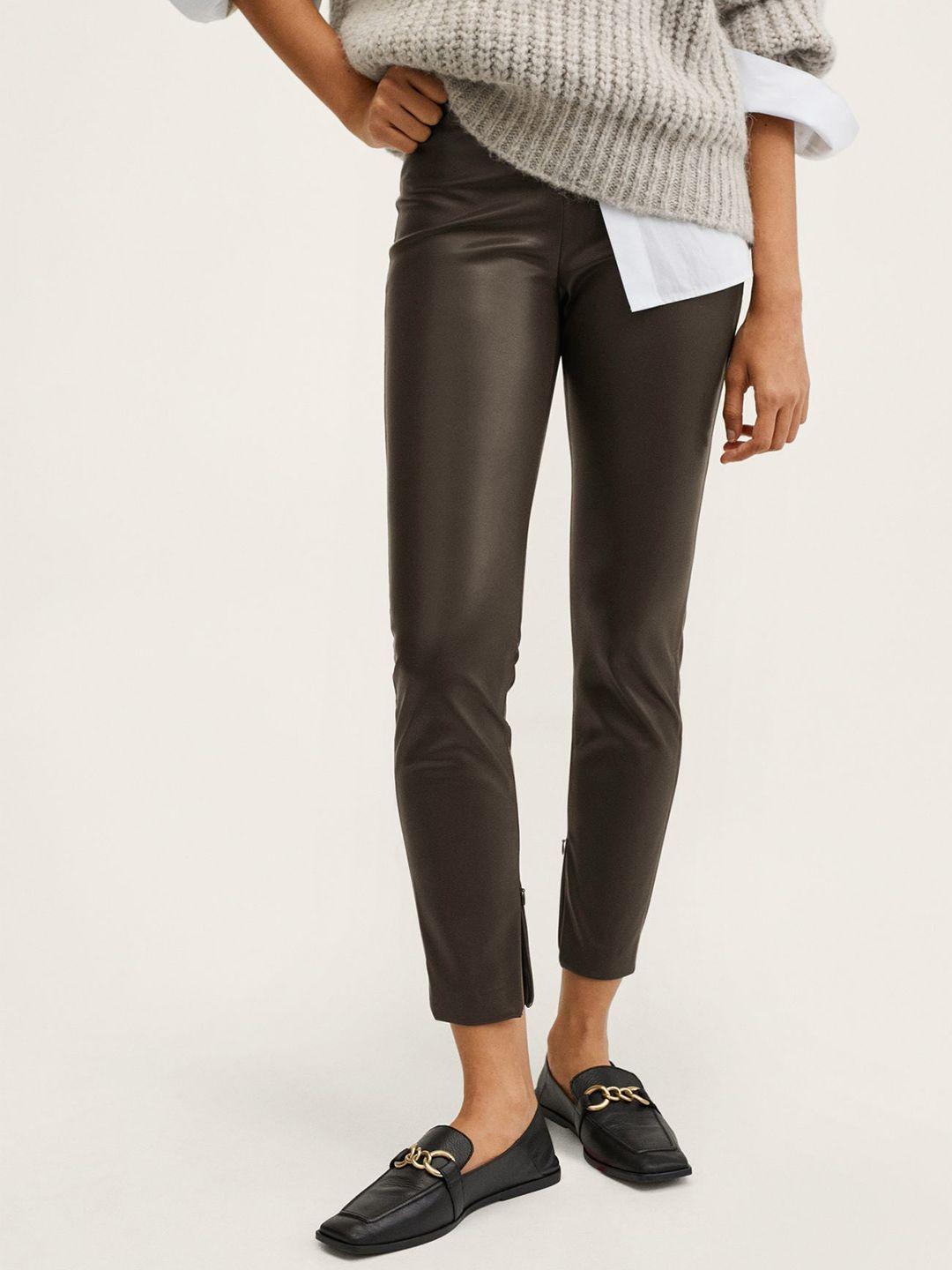 mango-women-coffee-brown-solid-faux-leather-cropped-treggings-with-split-hem