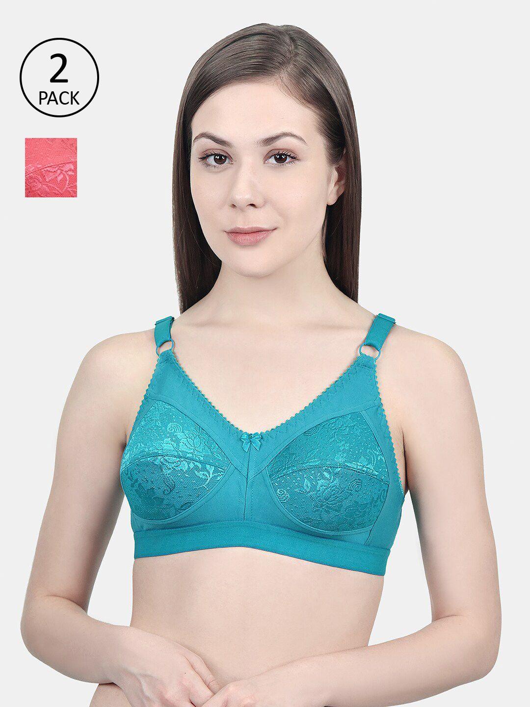 innocence-peach-coloured-&-blue-non-padded-non-wired-floral-bra-set-of-2