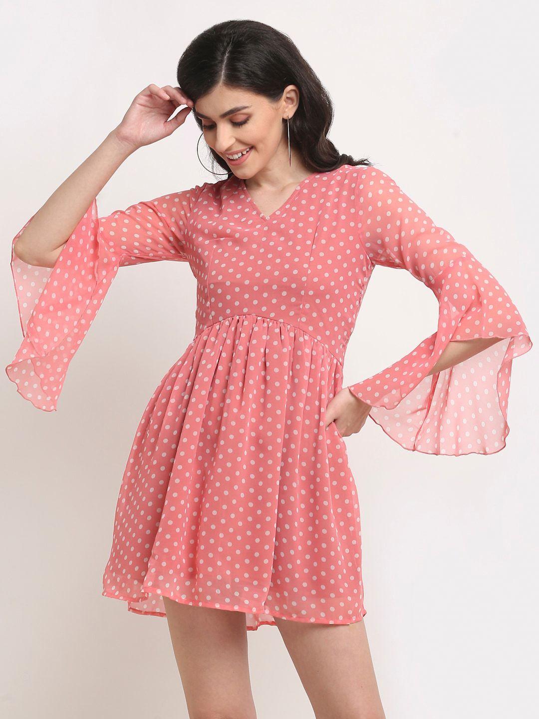 la-zoire-peach-coloured-&-white-polka-dots-printed-bell-sleeves-fit-&-flare-dress