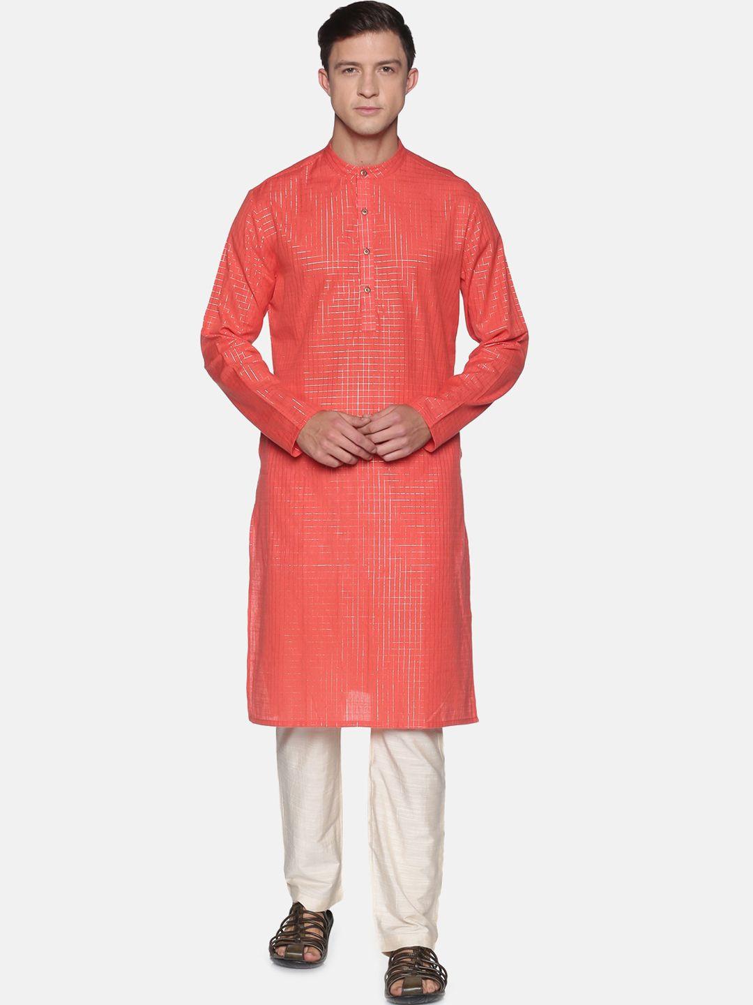 saffron-threads-men-coral-pink-checked-pure-cotton-kurta