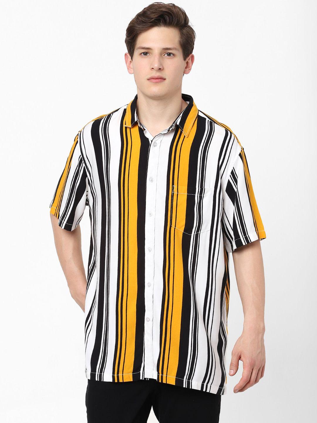 celio-men-mustard-yellow-&-white-striped-cotton-casual-shirt