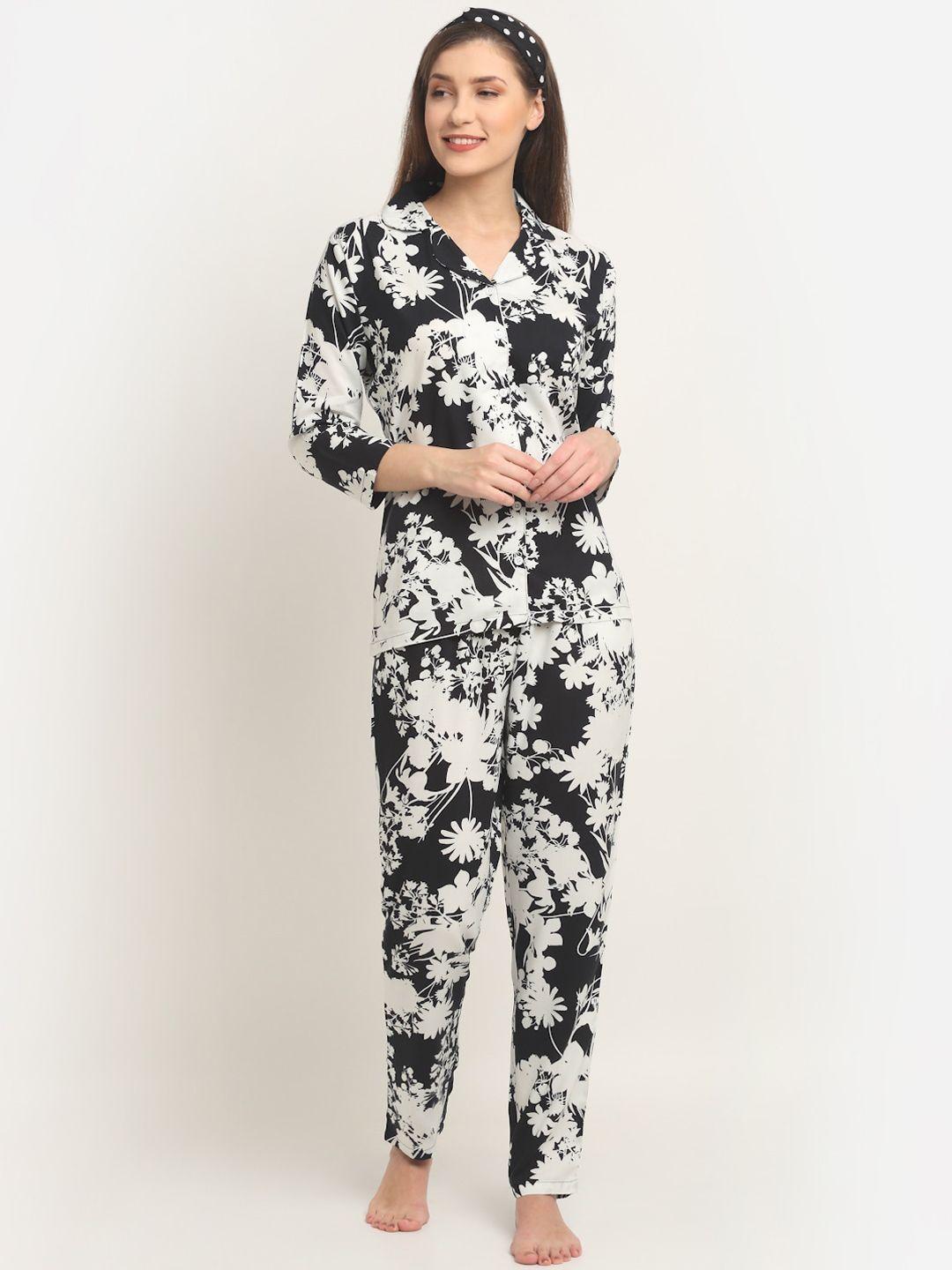 claura-women-black-&-white-printed-cotton-night-suit