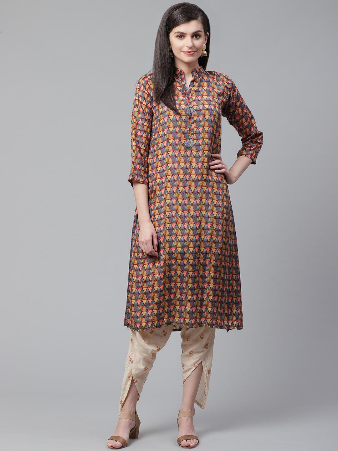 chhabra-555-women-blue-&-beige-printed-thread-work-pure-cotton-kurta-with-dhoti-pants