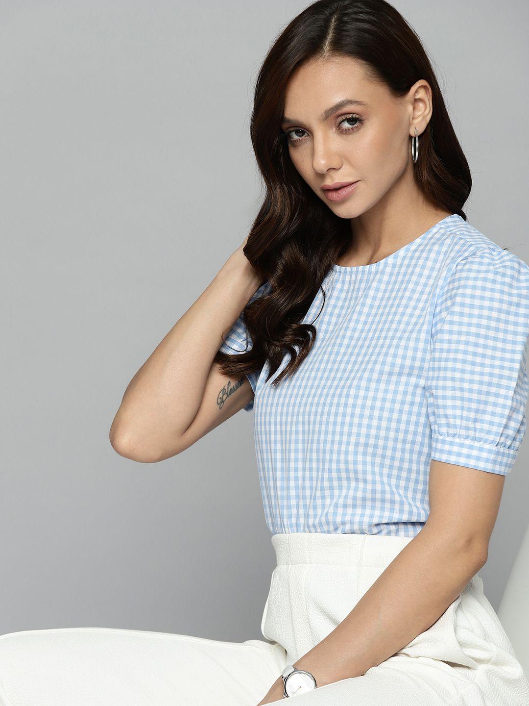 chemistry-women-blue-&-white-pure-cotton-summer-checks-puff-sleeves-top