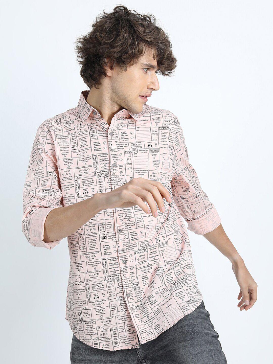 highlander-men-pink-&-black-slim-fit-typography-printed-cotton-casual-shirt