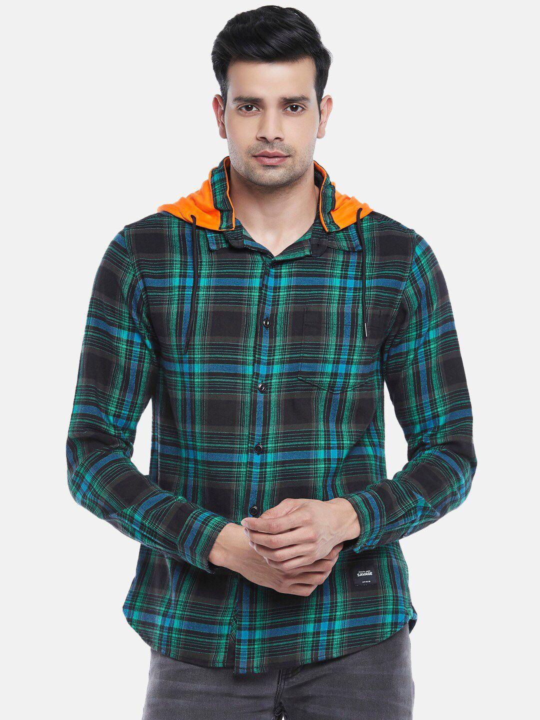 people-men-green-slim-fit-tartan-checked-hooded-pure-cotton-casual-shirt