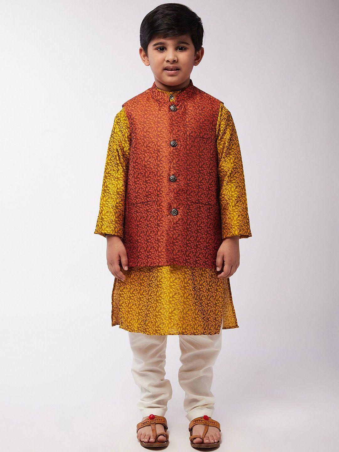 sojanya-boys-mustard-yellow-ethnic-motifs-printed-kurta-pyjamas-with-nehrujacket
