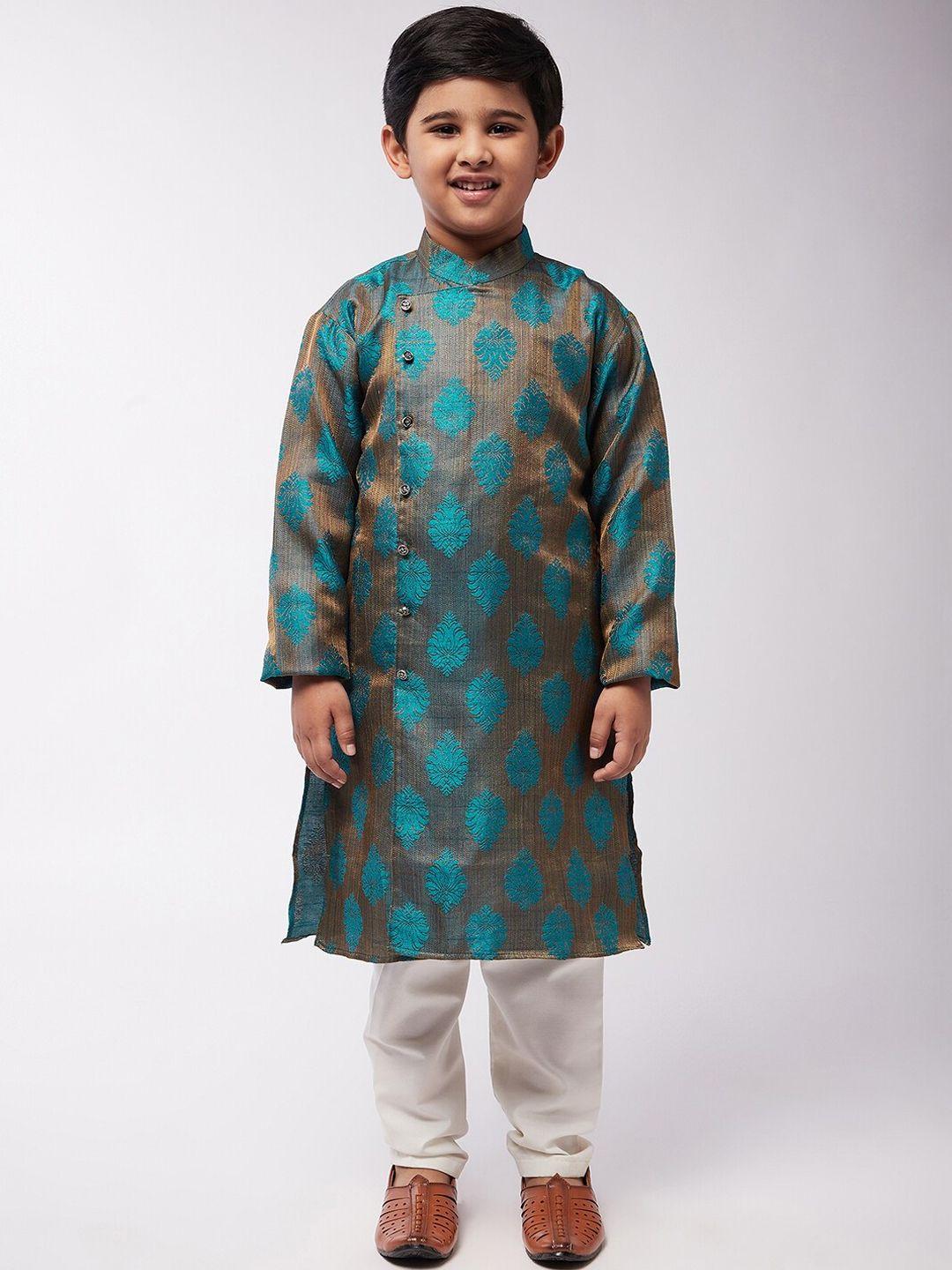 sojanya-boys-teal-blue-&-off-white-ethnic-motifs-printed-kurta-with-pyjamas