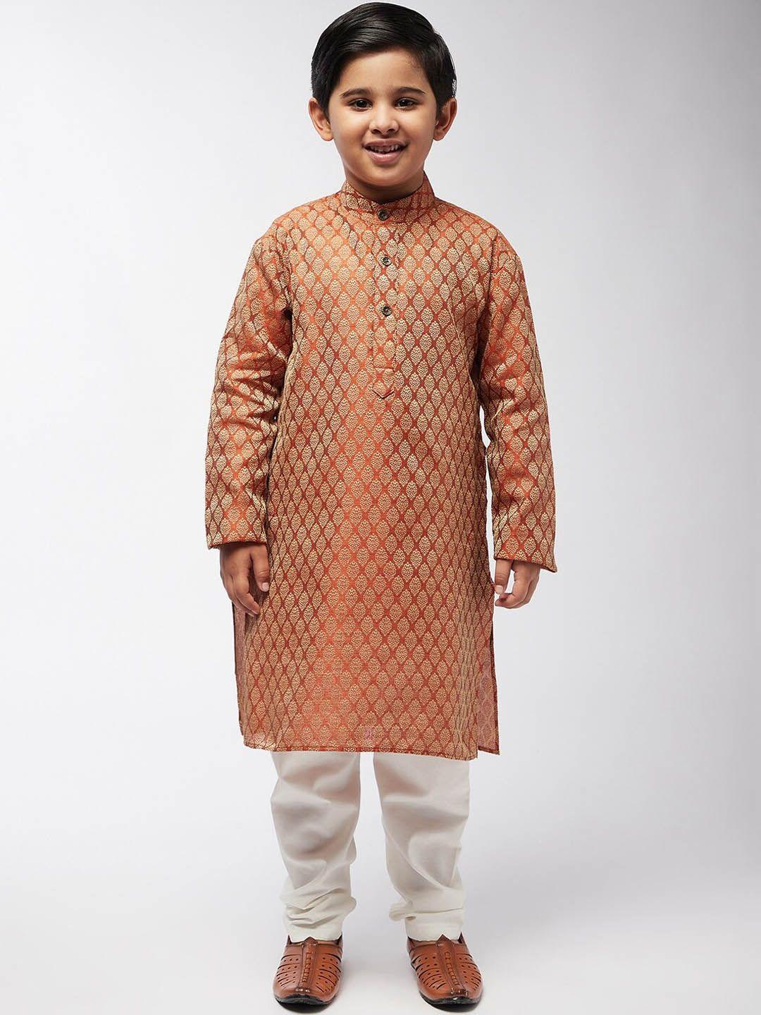 sojanya-boys-orange-self-design-kurta-with-pyjamas