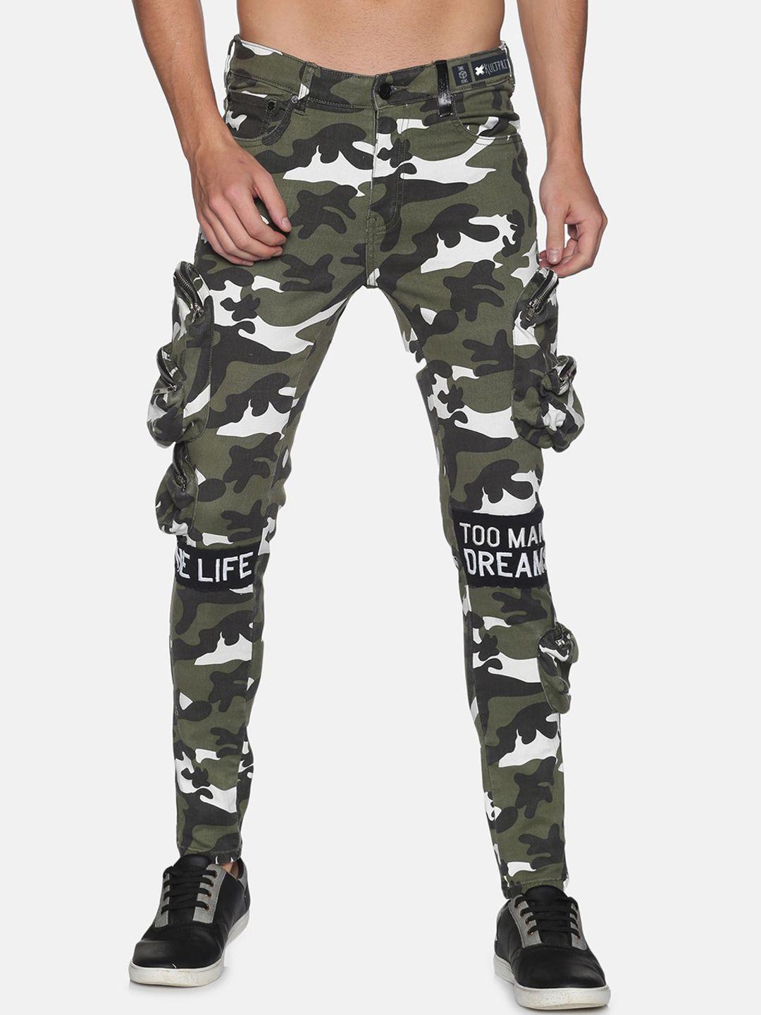 kultprit-men-olive-green-&-white-camouflage-printed-slim-fit-cotton-cargos-trousers