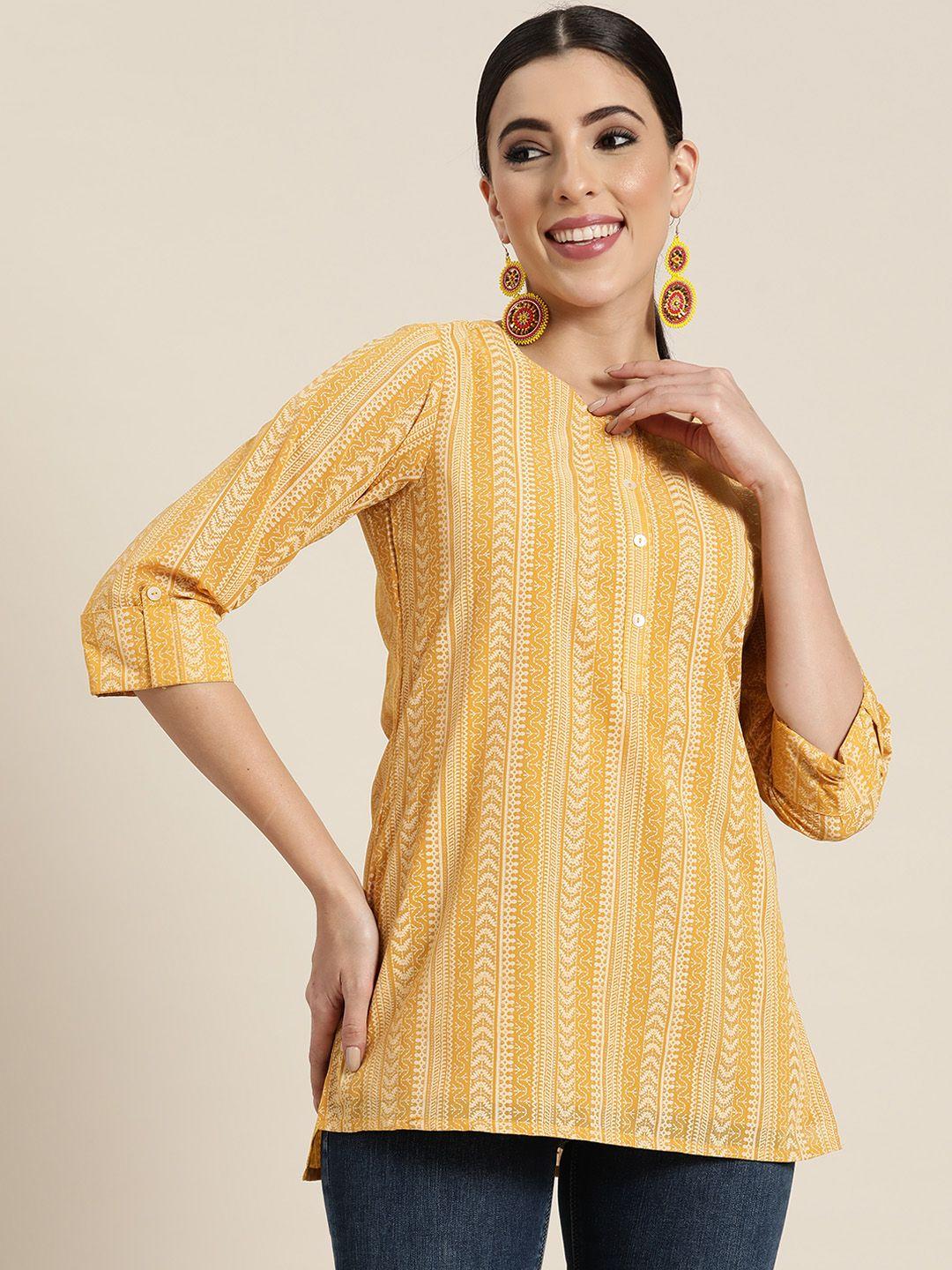 juniper-women-mustard-yellow-striped-georgette-printed-high-low-tunic