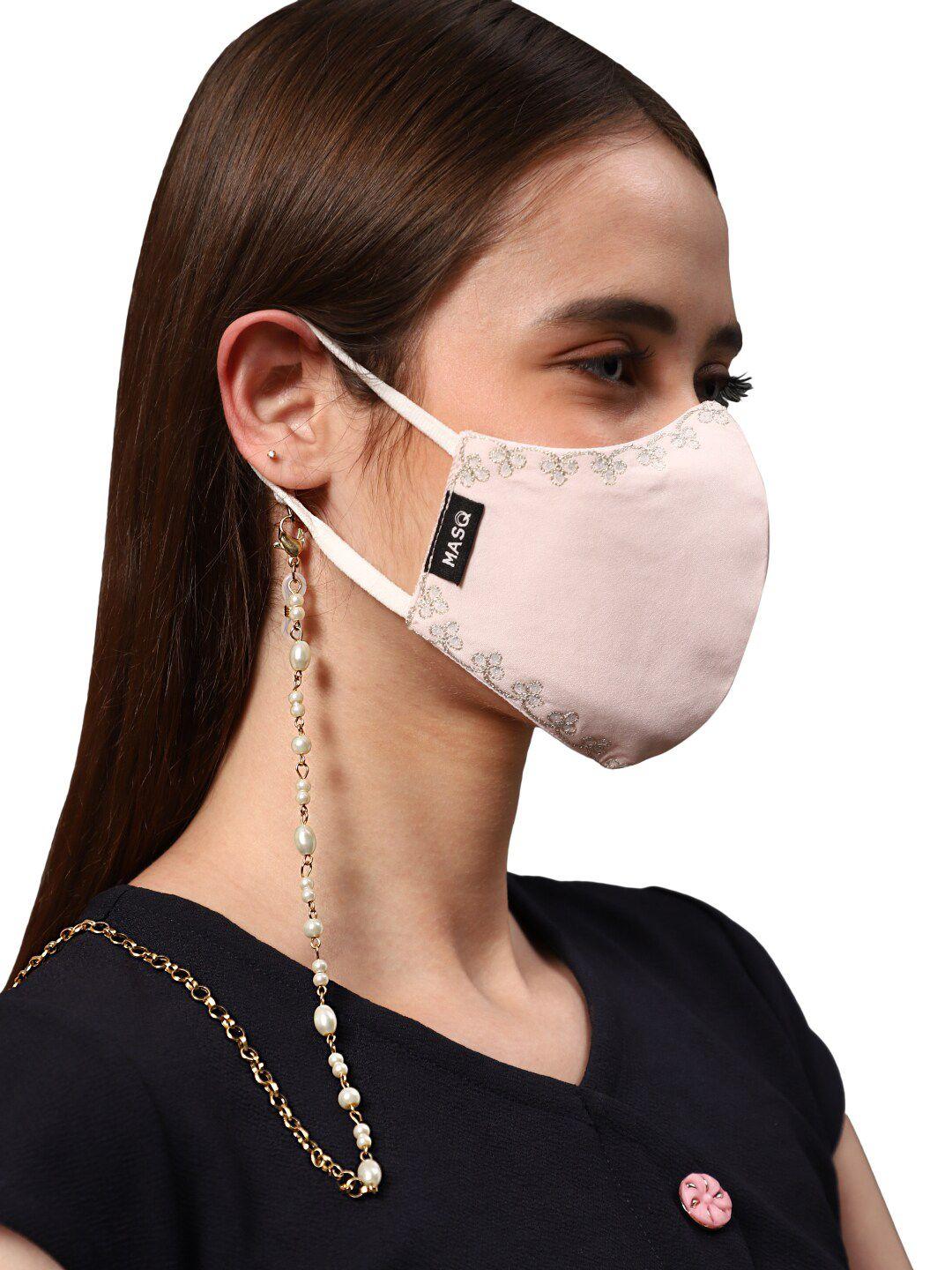 masq-women-gold-toned-&-white-pearls-face-mask-chain
