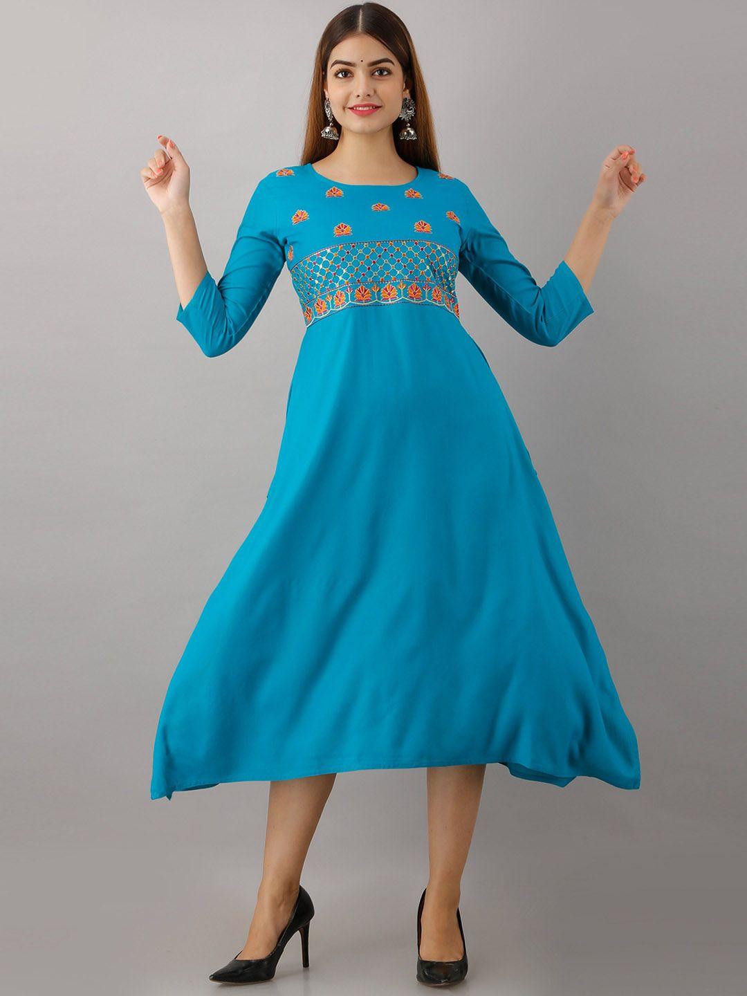 women-touch-teal-blue-&-orange-floral-embroidered-a-line-midi-dress