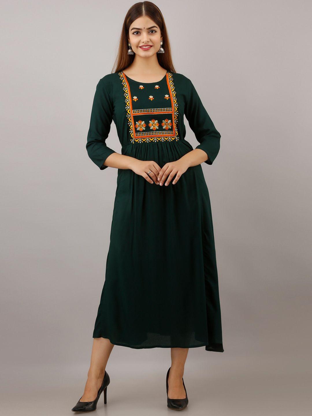 women-touch-green-&-orange-floral-embroidered-a-line-midi-dress
