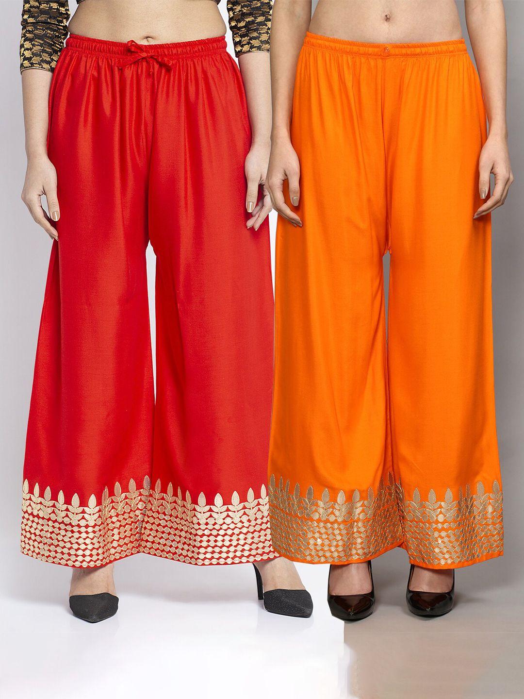 jinfo-women-red-&-orange-set-of-2-gota-printed-straight-fit-palazzo