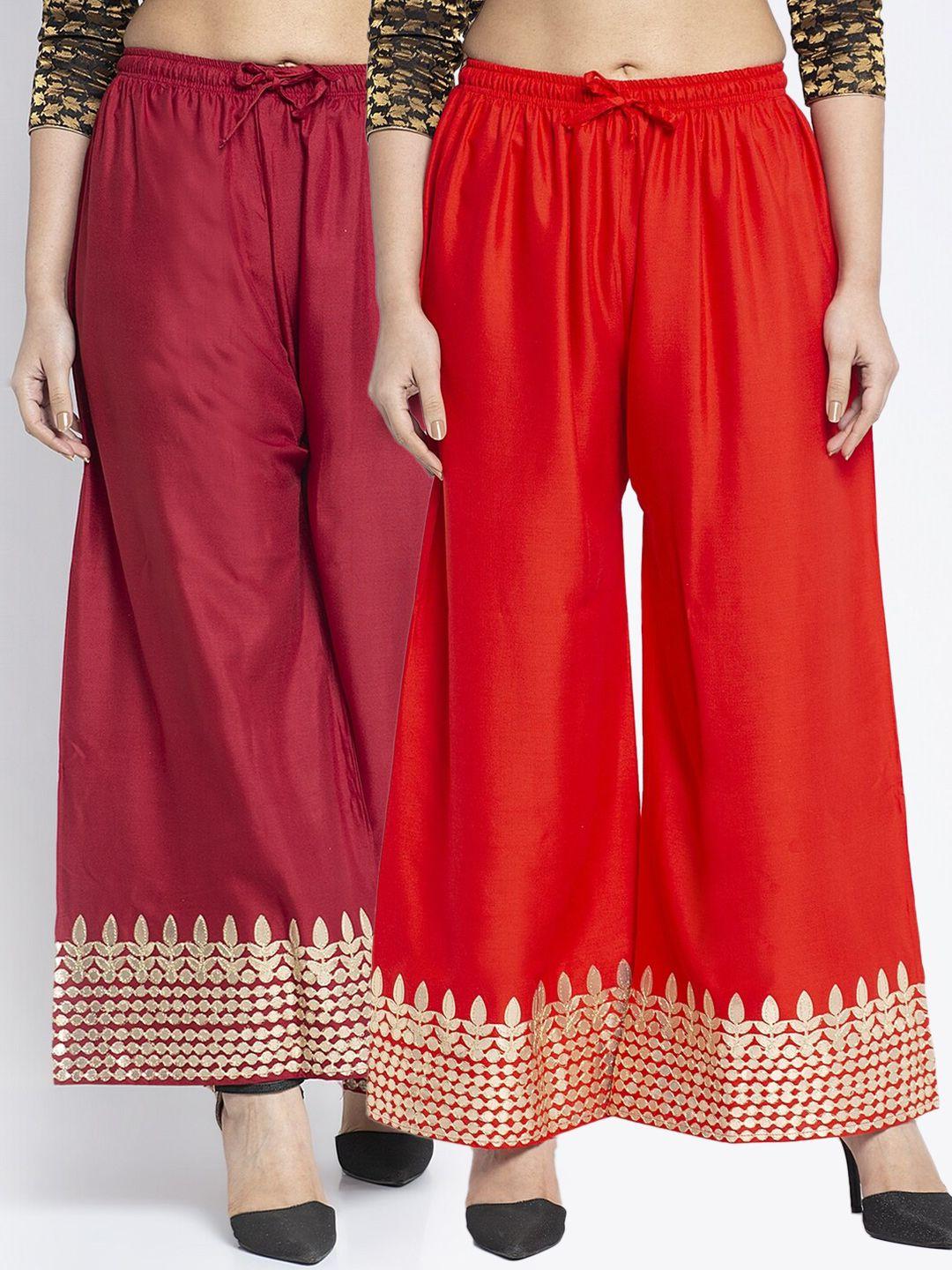 jinfo-women-red-&-maroon-set-of-2-gota-printed-wide-leg-fit-palazzo