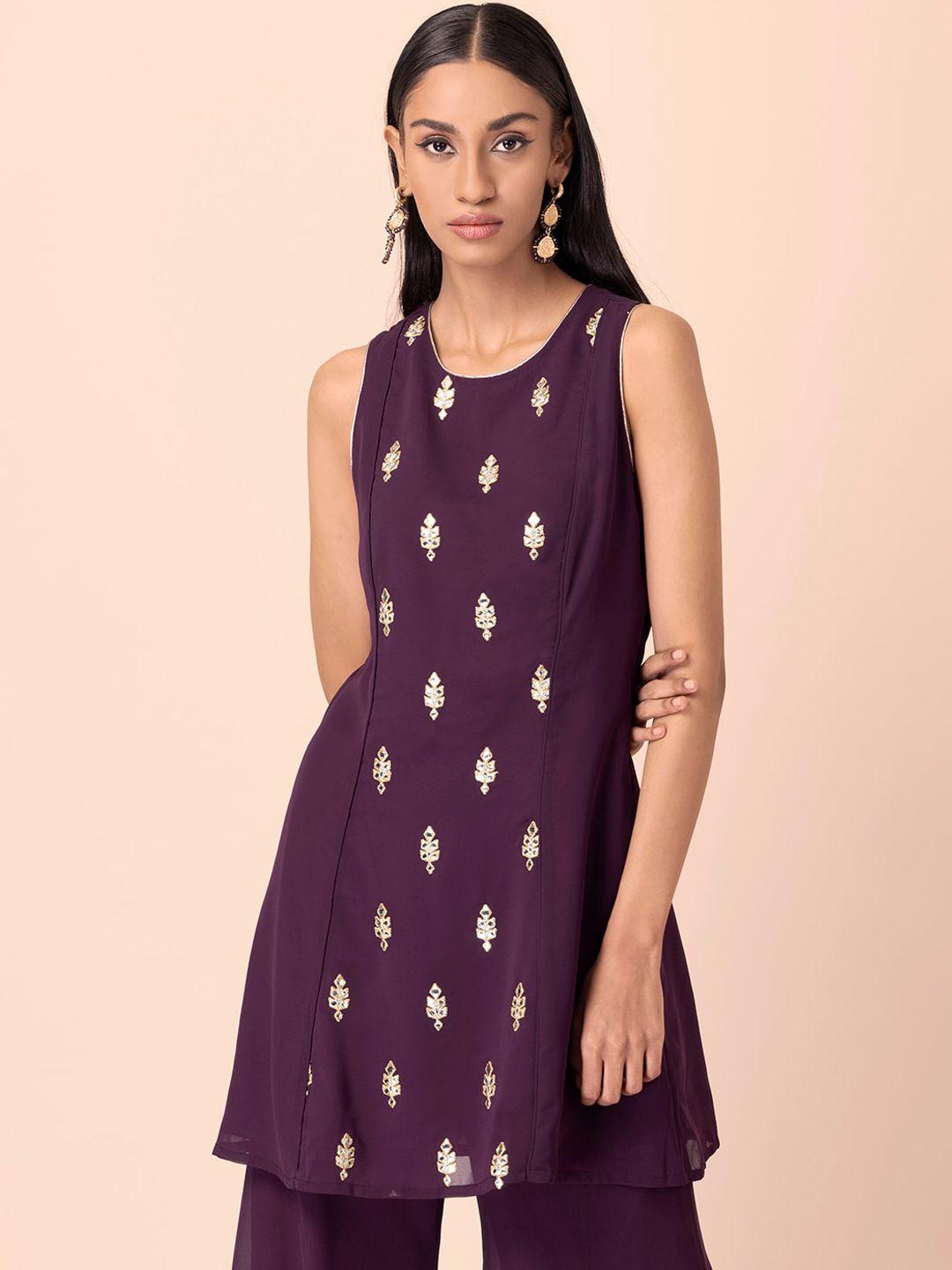 indya-women-purple-&-gold-toned-ethnic-motifs-embroidered-mirror-work-panelled-kurti