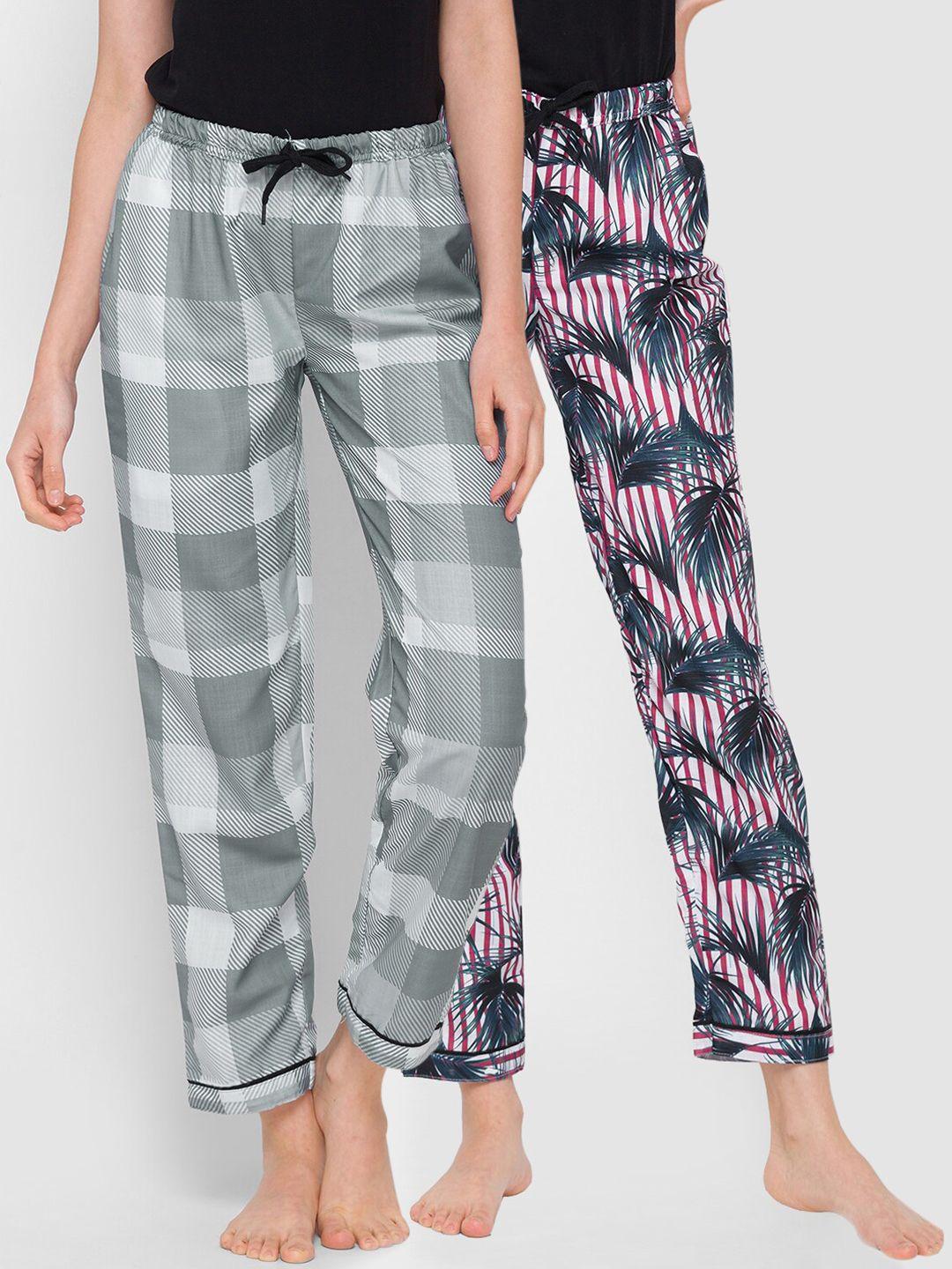 fashionrack-women-pack-of-2-red-&-grey-cotton-printed-lounge-pants