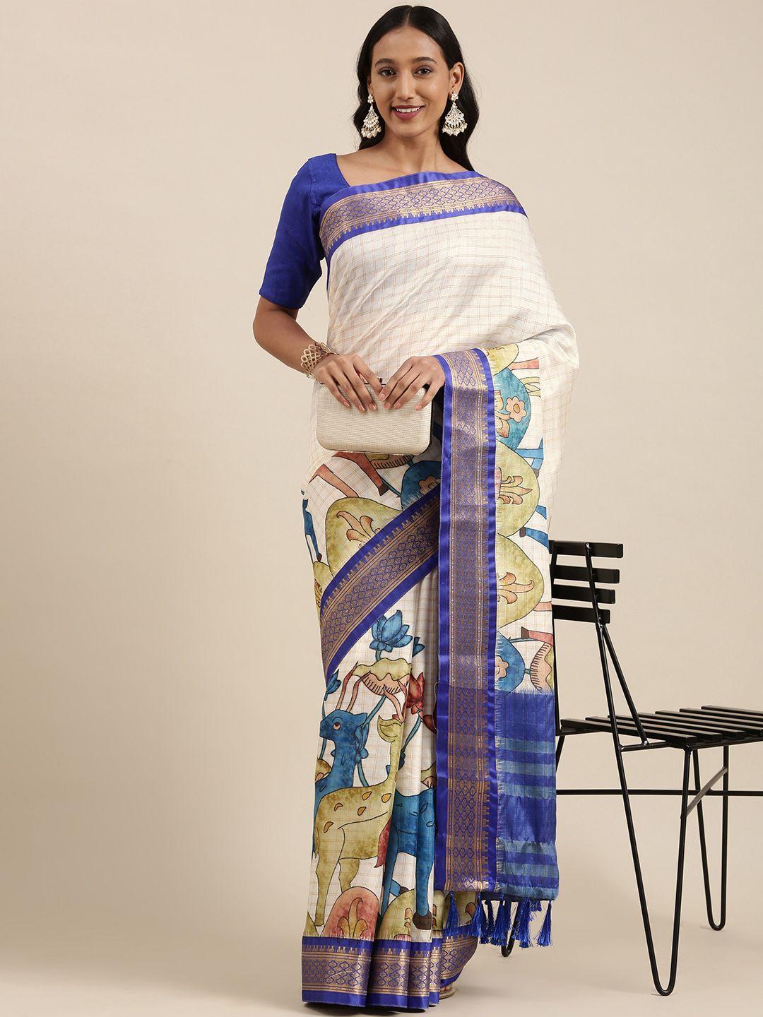 vastranand-off-white-&-blue-kalamkari-print-uppada-saree
