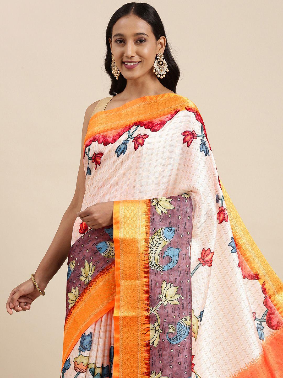 vastranand-off-white-&-orange-printed-zari-silk-blend-uppada-saree