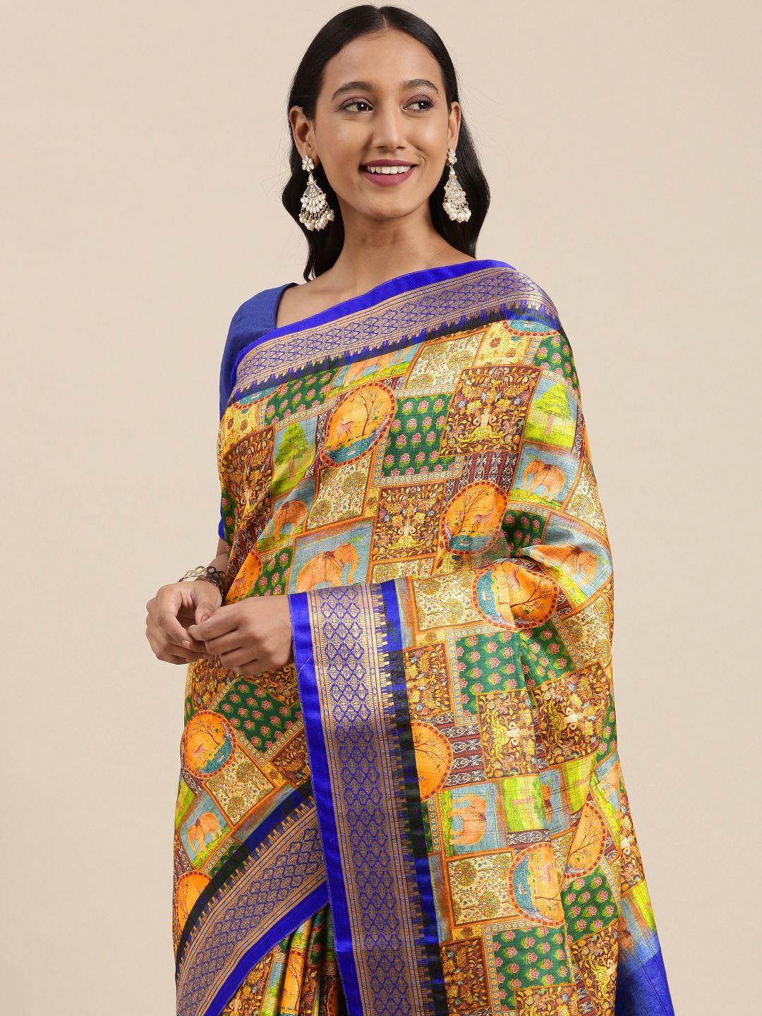 vastranand-blue-&-mustard-yellow-kalamkari-print-uppada-saree