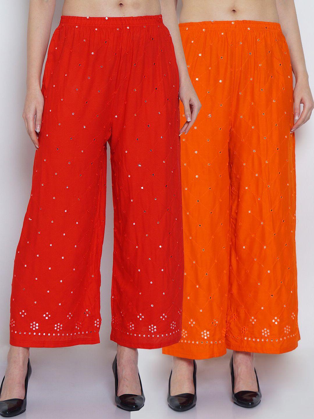 jinfo-women-red-&-orange-set-of-2-abstract-embroidered-straight-fit-palazzo