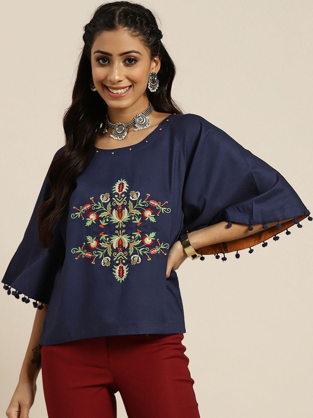 sangria-navy-blue-&-green-embroidered-cotton-top