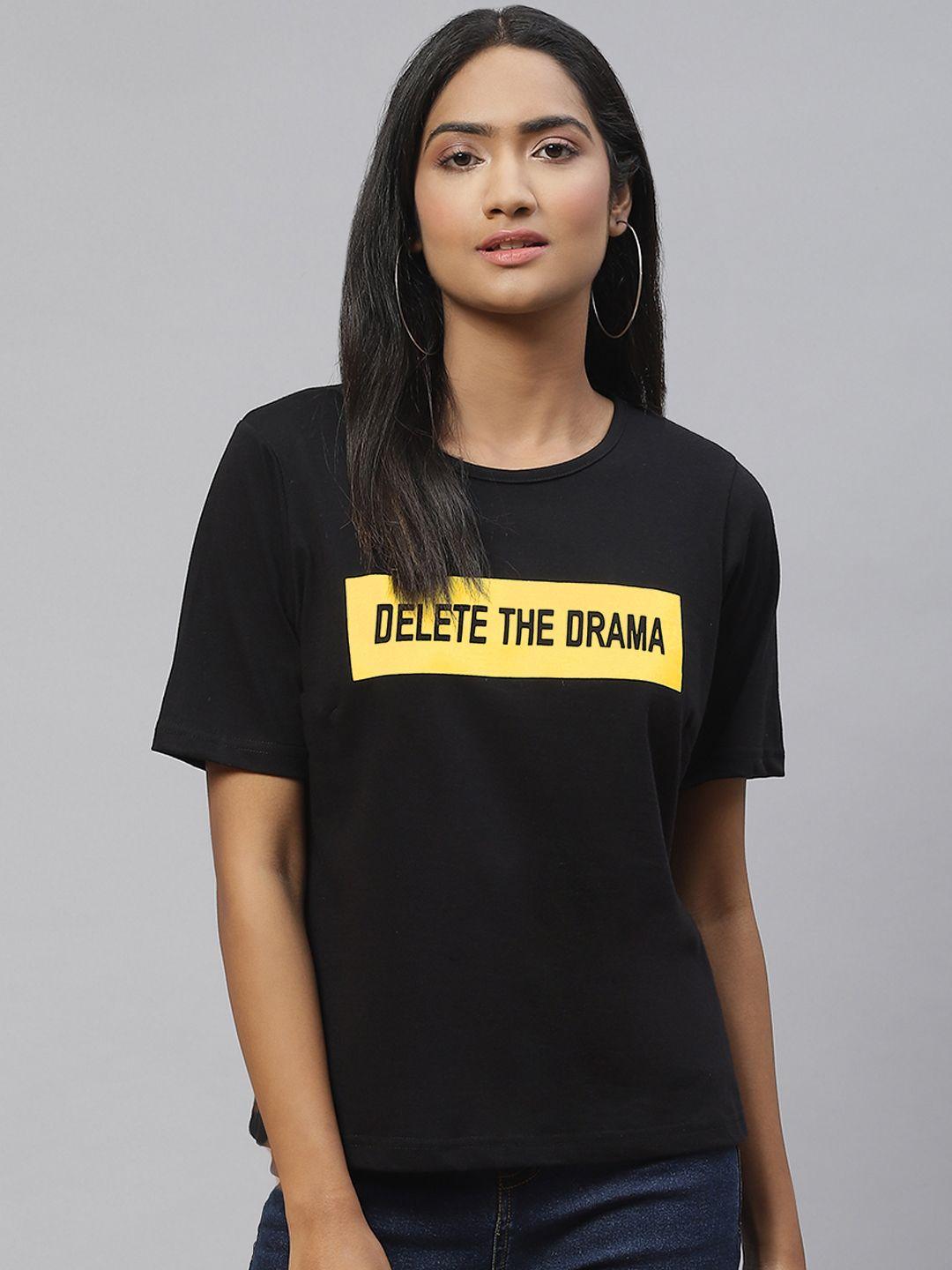 pluss-women-black-&-yellow-typography-print-cotton-t-shirt