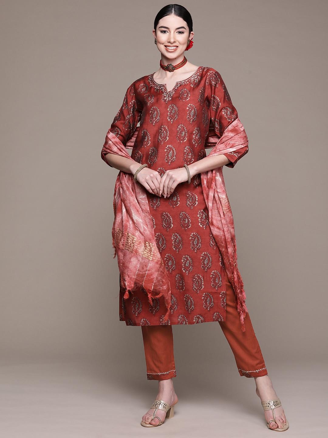 anubhutee-women-maroon-ethnic-motifs-printed-thread-work-pure-cotton-kurta-with-trousers-&-with-dupatta