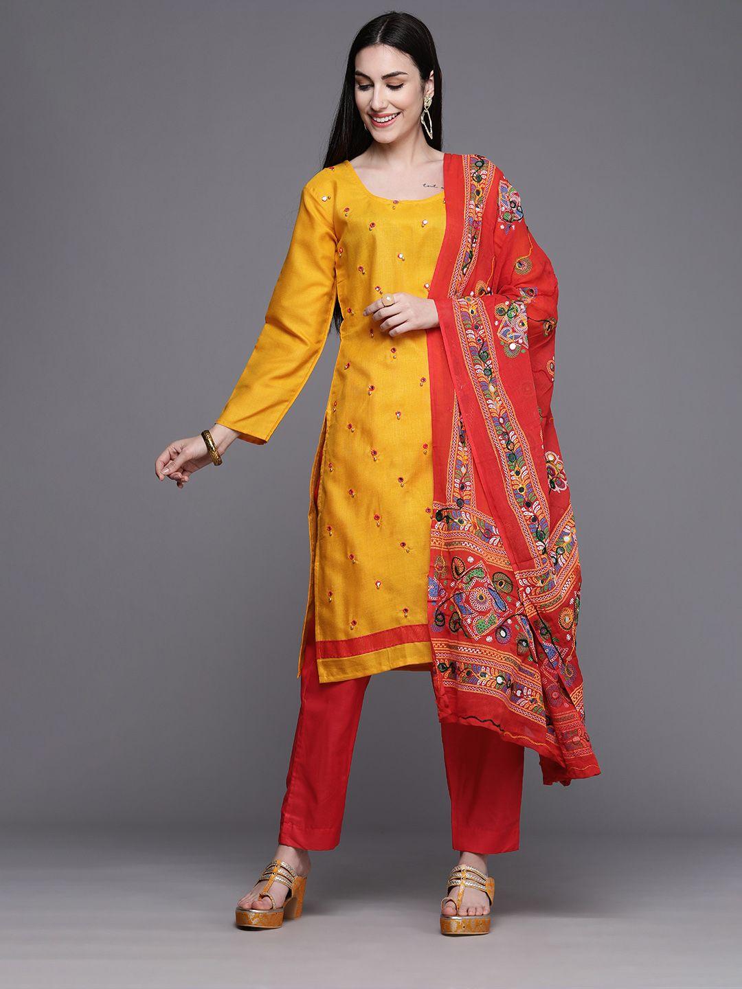 mitera-women-yellow-&-red-embellished-unstitched-kurta-set-material