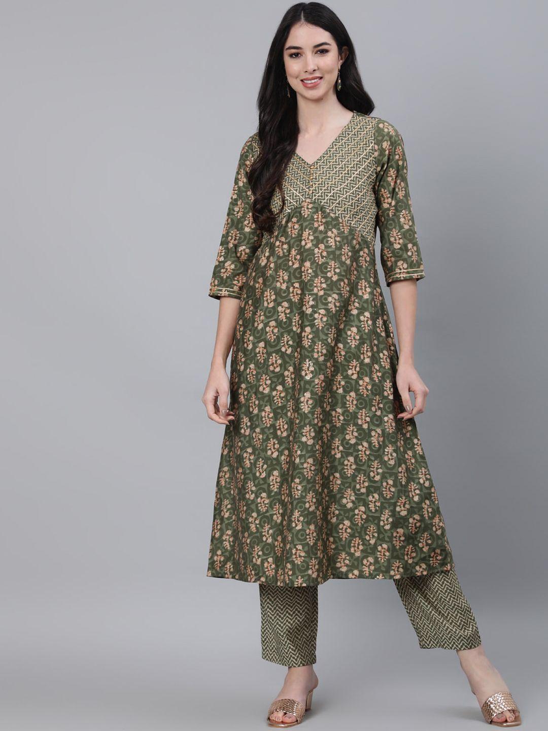 jaipur-kurti-women-green-ethnic-motifs-printed-empire-chanderi-silk-kurta-with-trousers