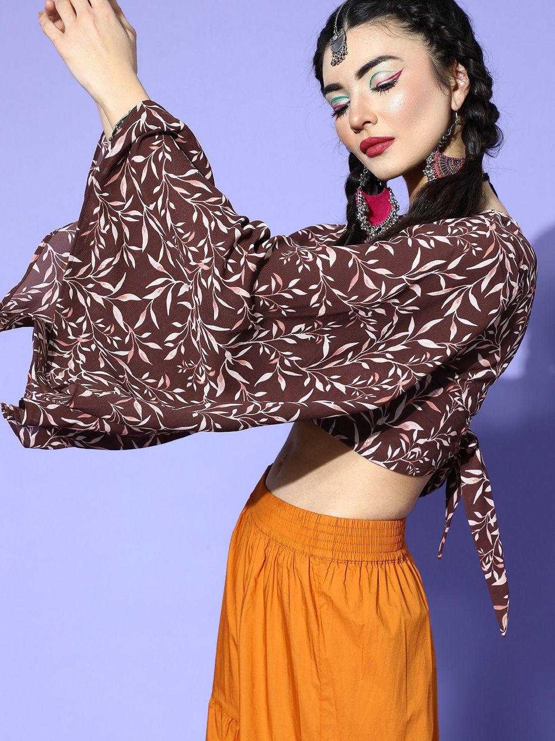 inddus-women-chic-brown-floral-ethnic-fusion-top