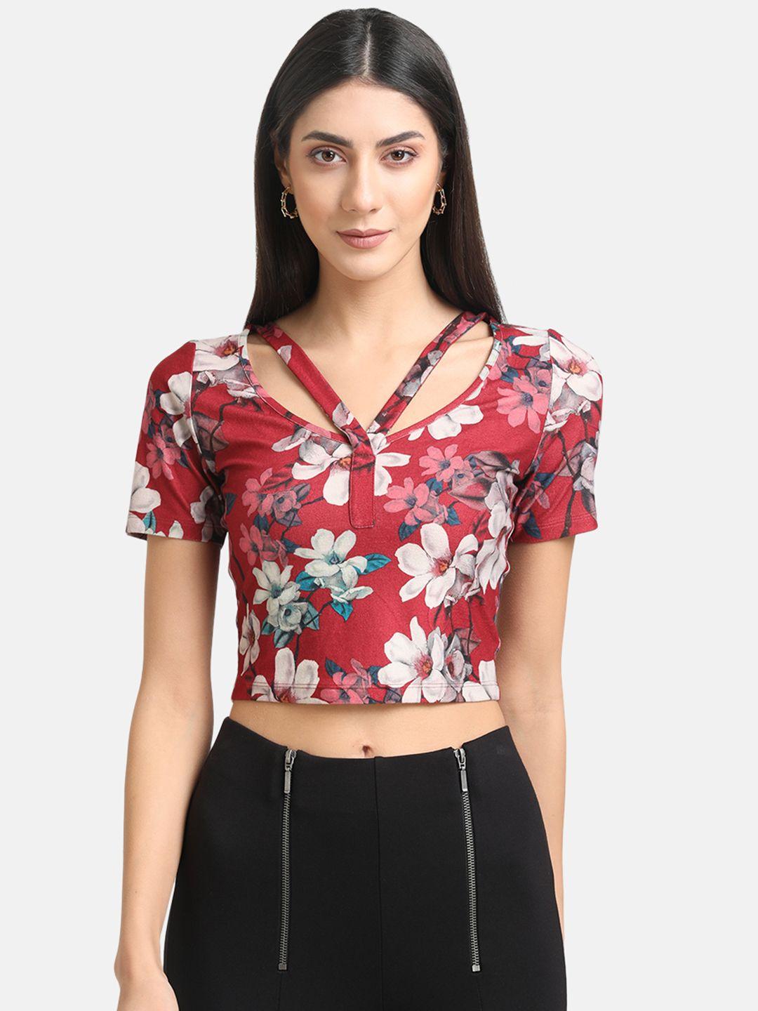 kazo-red-&-white-floral-print-suede-crop-top