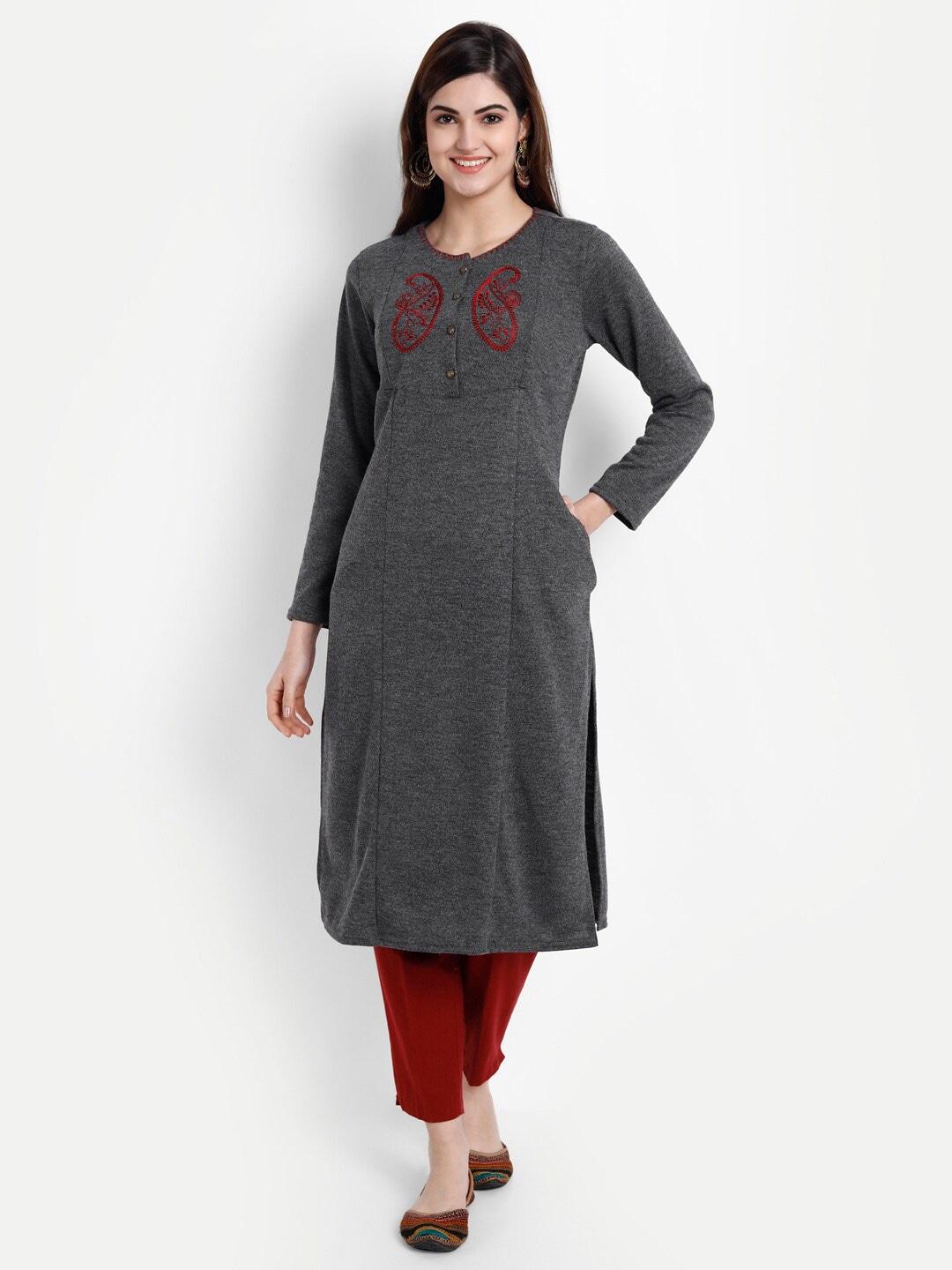 suti-women-grey-&-maroon-ethnic-motifs-embroidered-thread-work-thread-work-empire-kurti