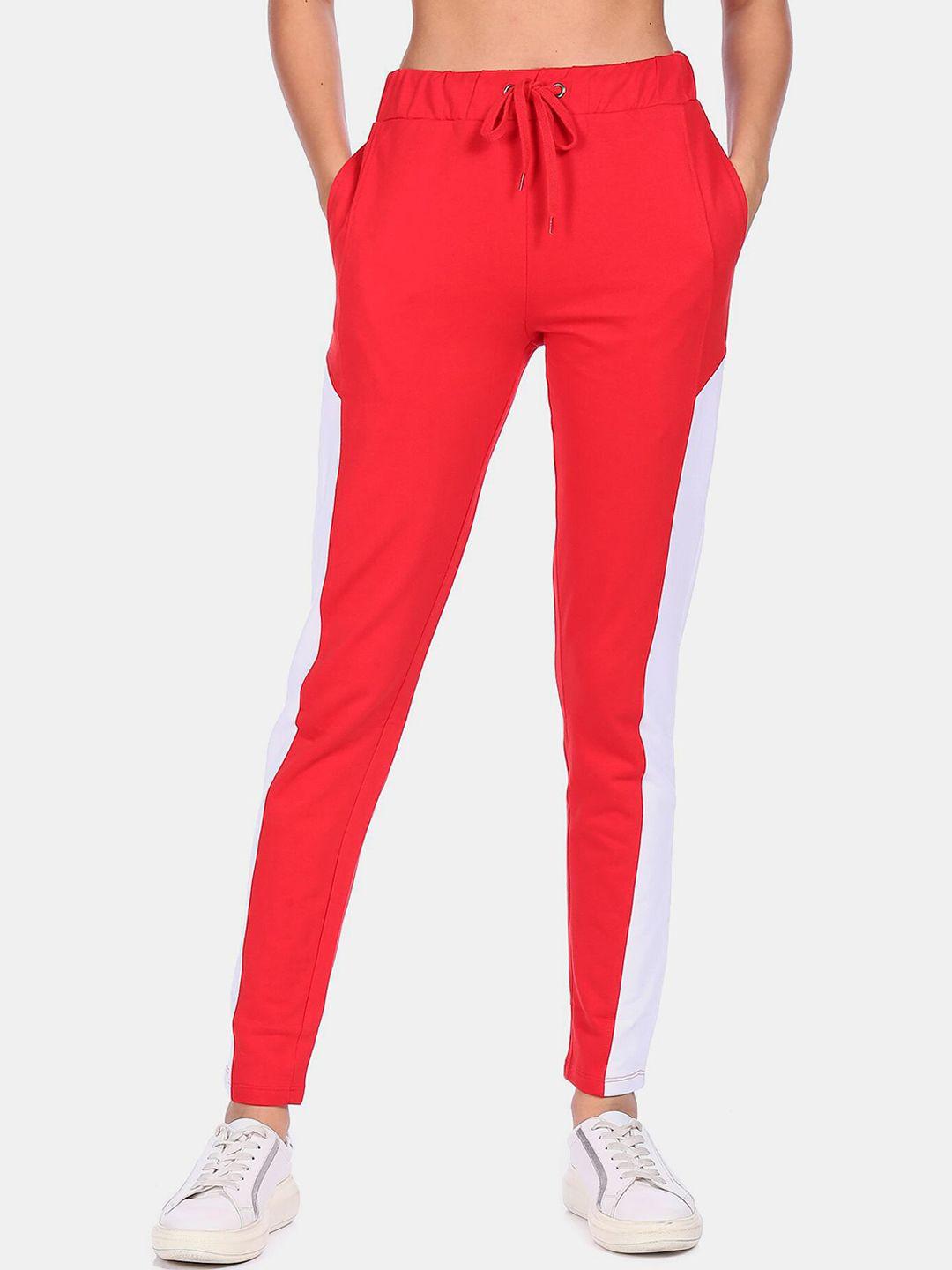 flying-machine-women-red-solid-straight-fit-pure-cotton-track-pants