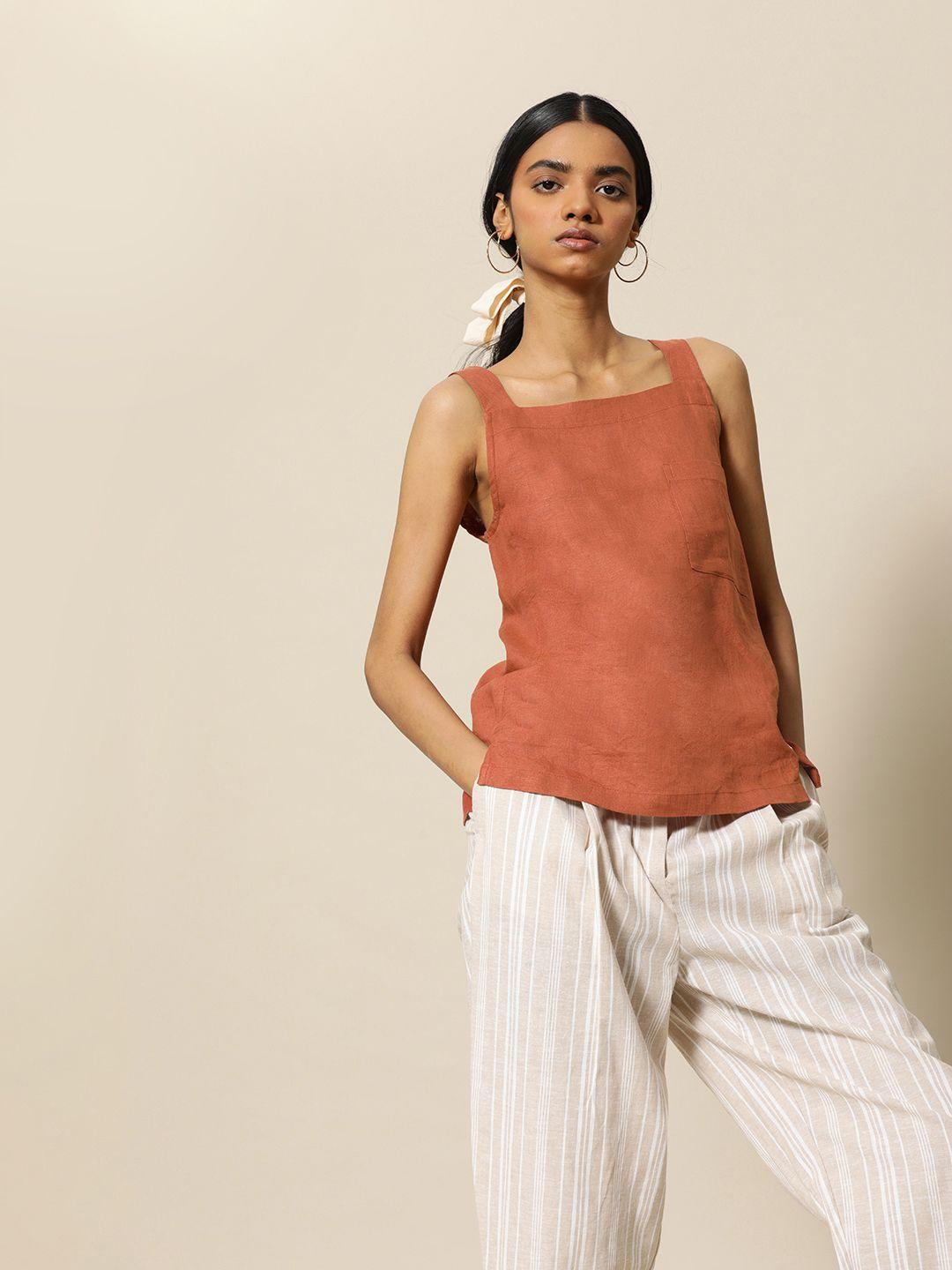 bower-rust-orange-solid-linen-cotton-top-with-pocket