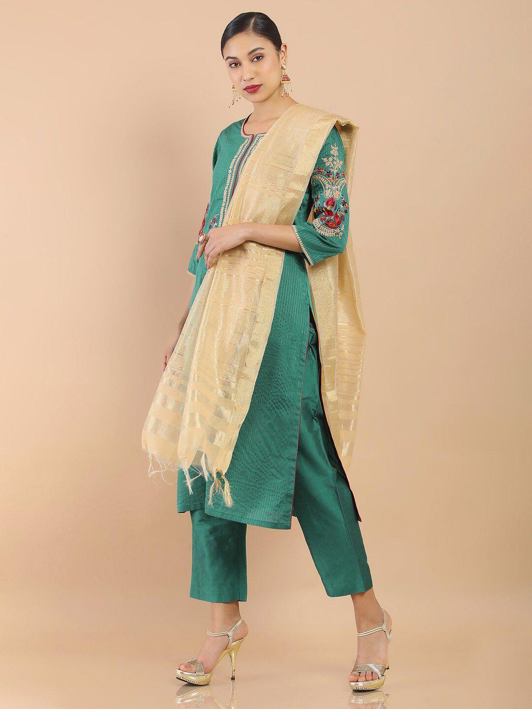 soch-women-teal-floral-embroidered-chanderi-kurta-with-trousers-&-dupatta