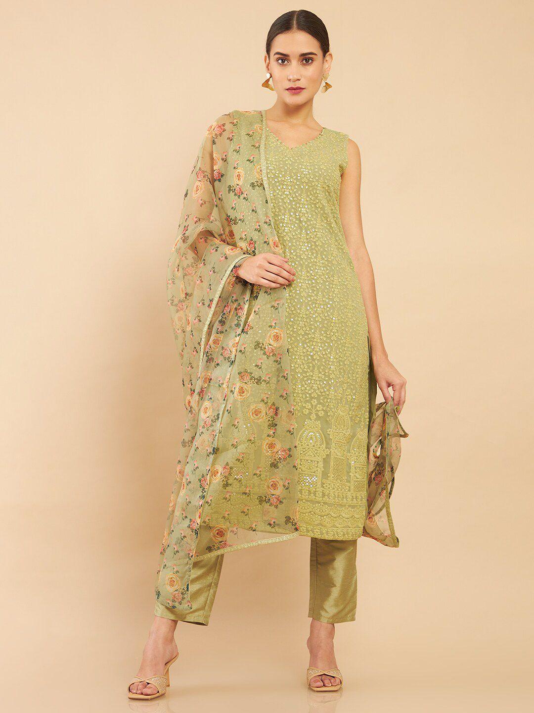 soch-women-green-ethnic-motifs-embroidered-chikankari-georgette-kurta-set