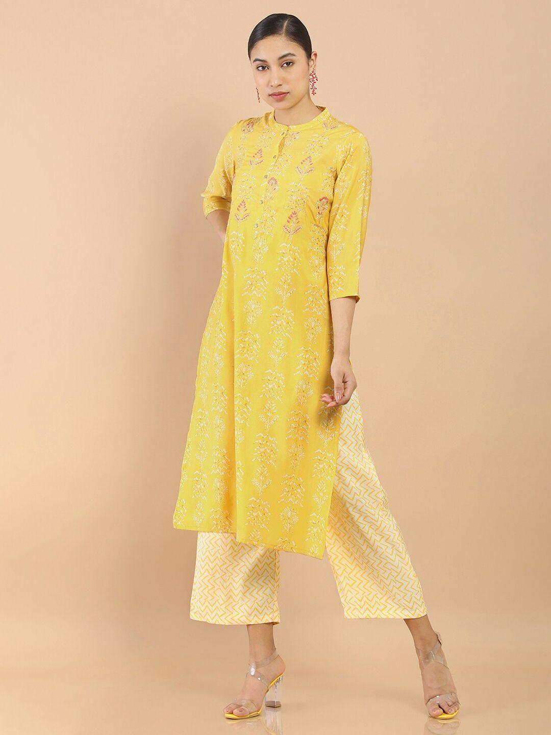 soch-women-mustard-yellow-floral-printed-sequin-embellished-chanderi-botanical-kurta-set