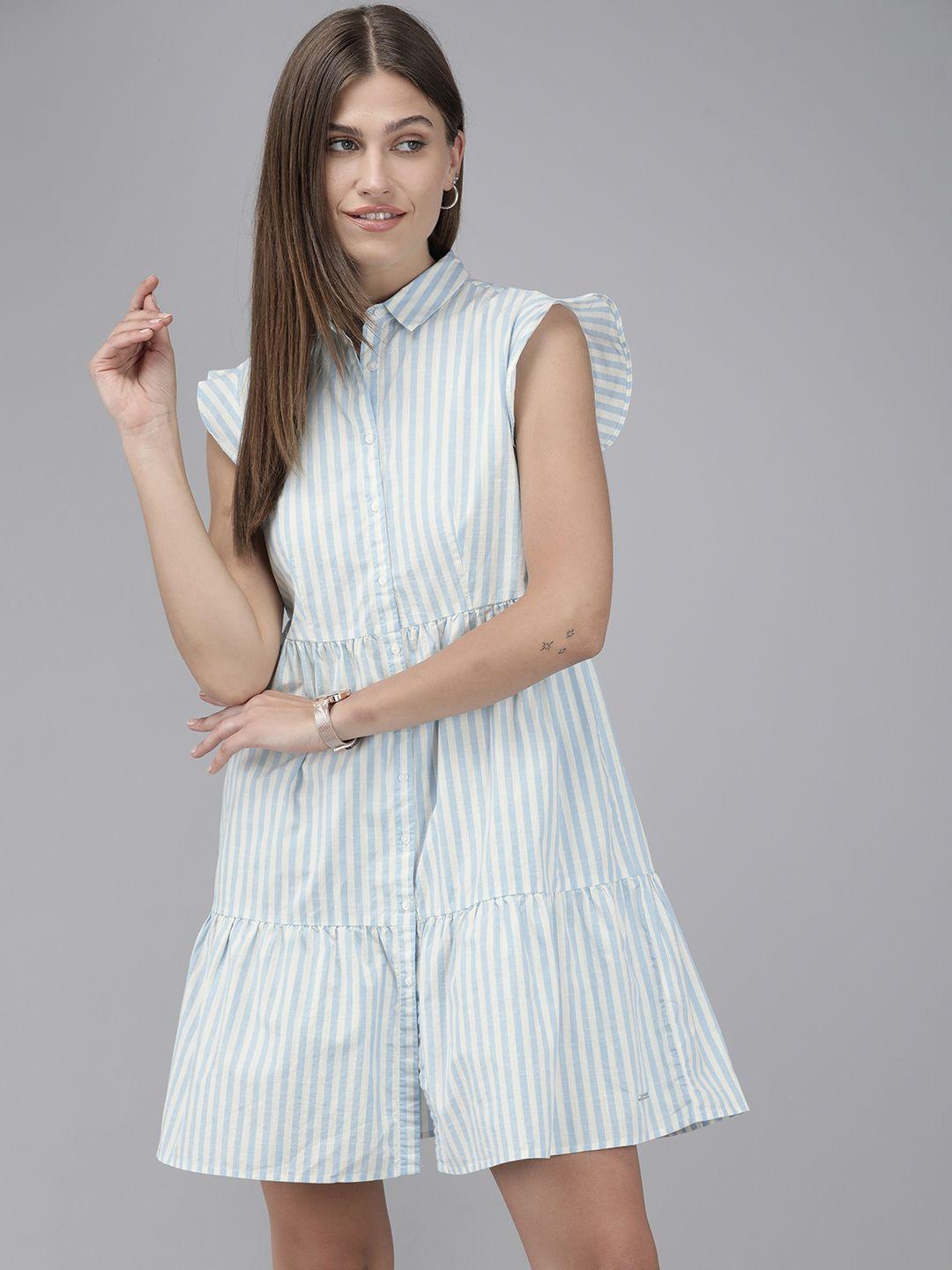 van-heusen-woman-blue-&-white-striped-tiered-shirt-dress