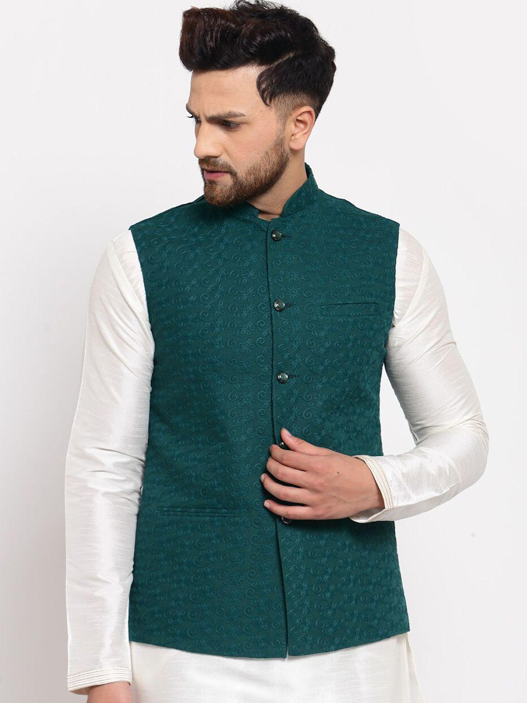 badoliya-&-sons-men-olive-green-chikankari-embroidered-nehru-jacket