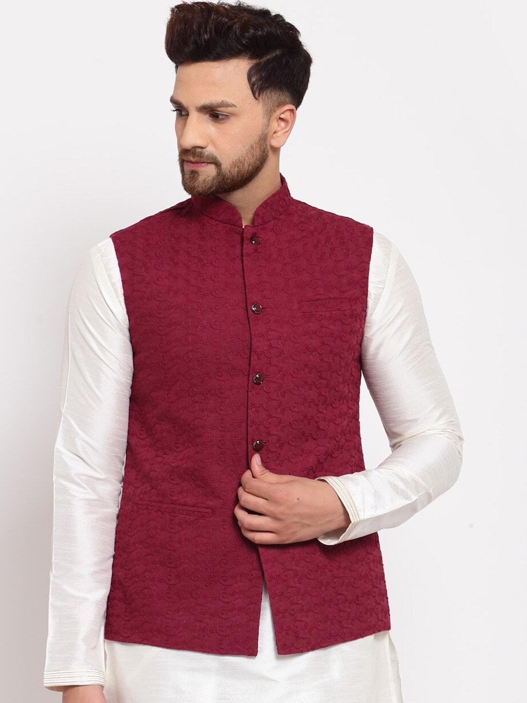 badoliya-&-sons-men-maroon-chikankari-embroidered-woven-nehru-jacket