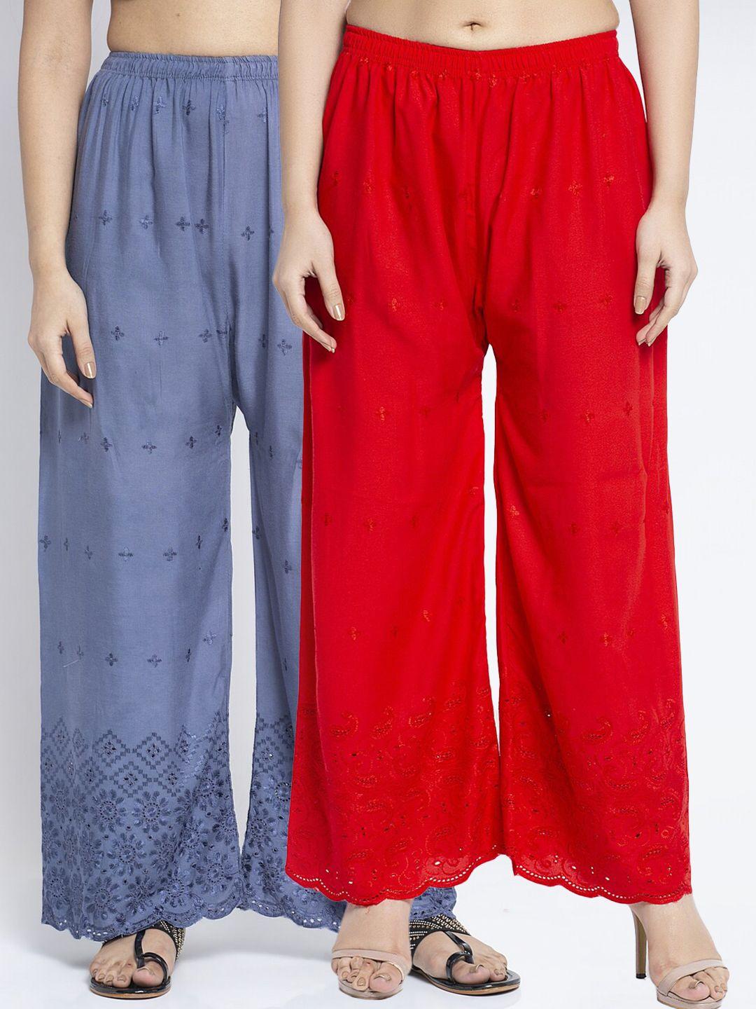 jinfo-women-red-&-blue-set-of-2-chikankari-embroidered-ethnic-palazzos