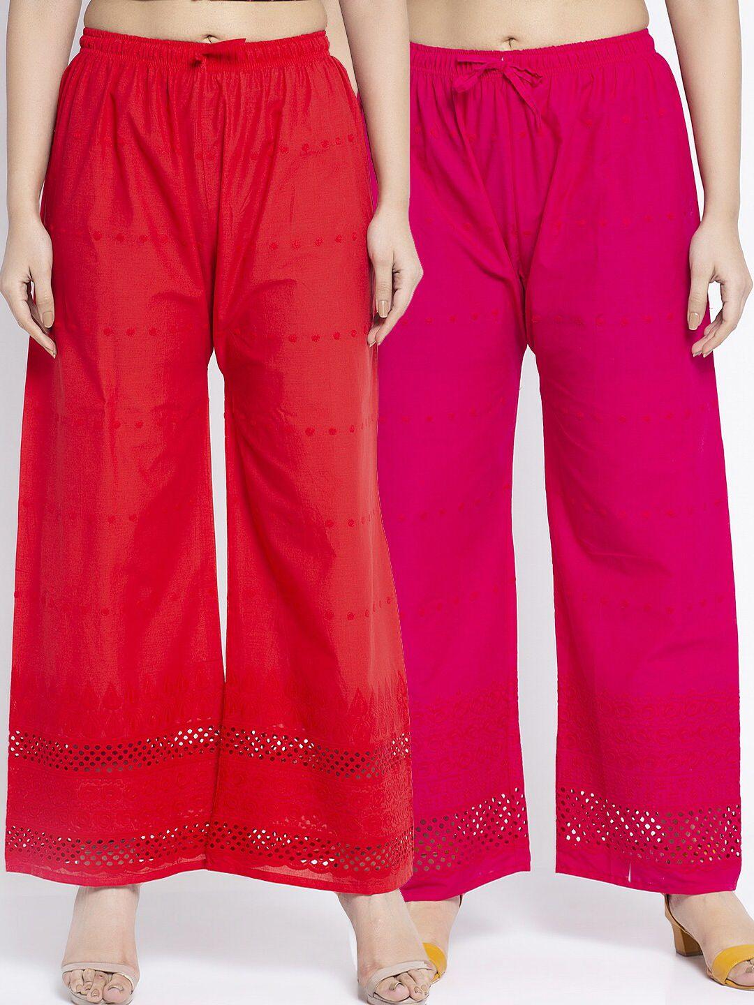 jinfo-women-set-of-2-red-&-pink-chikankari-embroidered-ethnic-palazzos