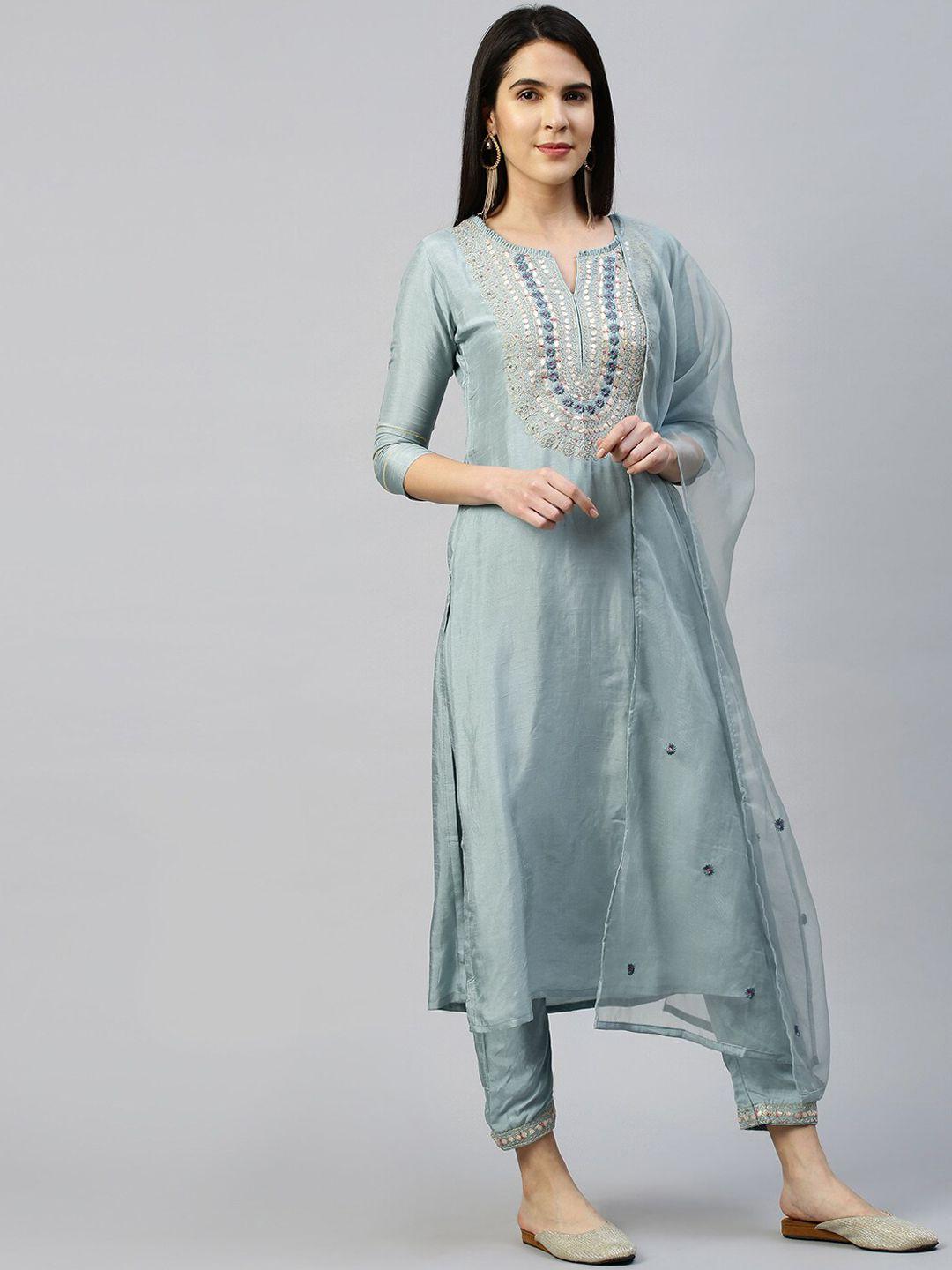 fashor-women-turquoise-blue-embroidered-mirror-work-kurta-with-trousers