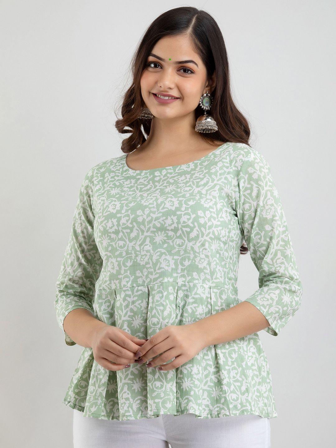 women-touch-green-floral-printed-pure-cotton-peplum-top