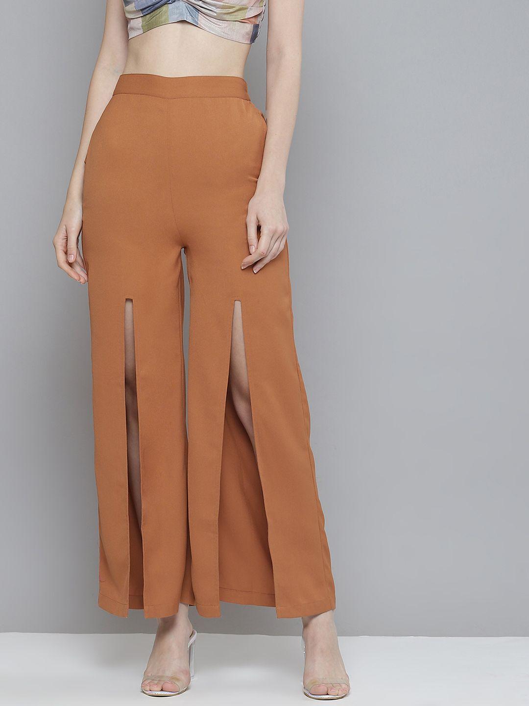 sassafras-women-orange-flared-front-slit-high-rise-pleated-trousers