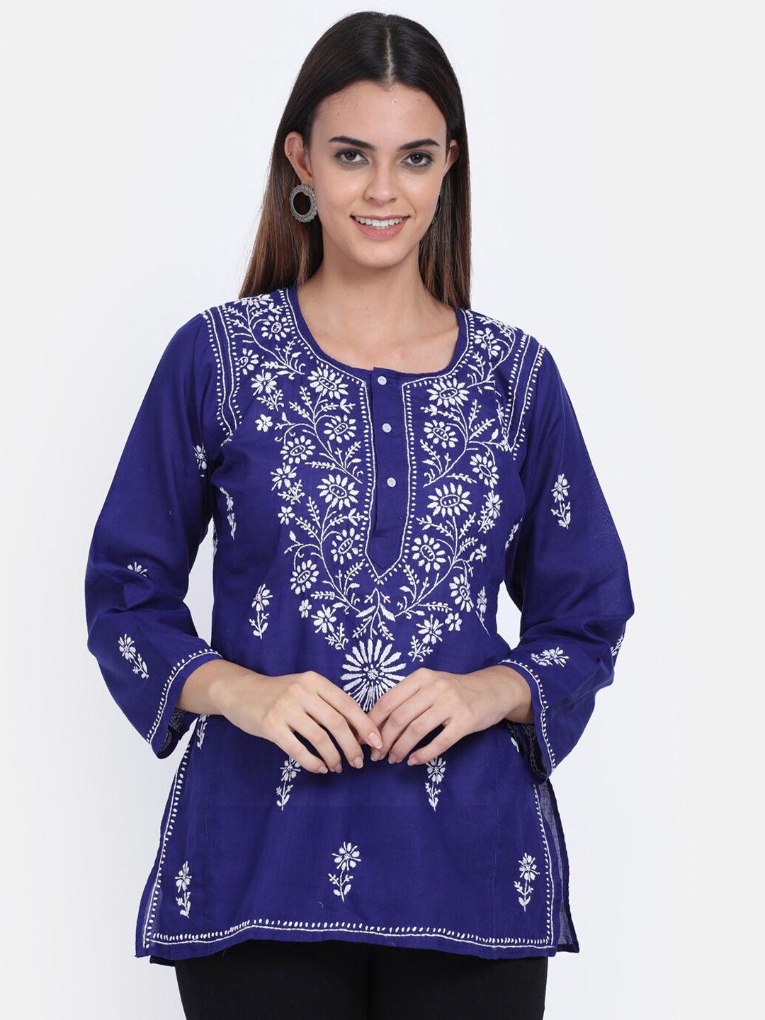 paramount-chikan-blue-ethnic-motifs-embroidered-chikankari-pure-cotton-chikankari-kurti