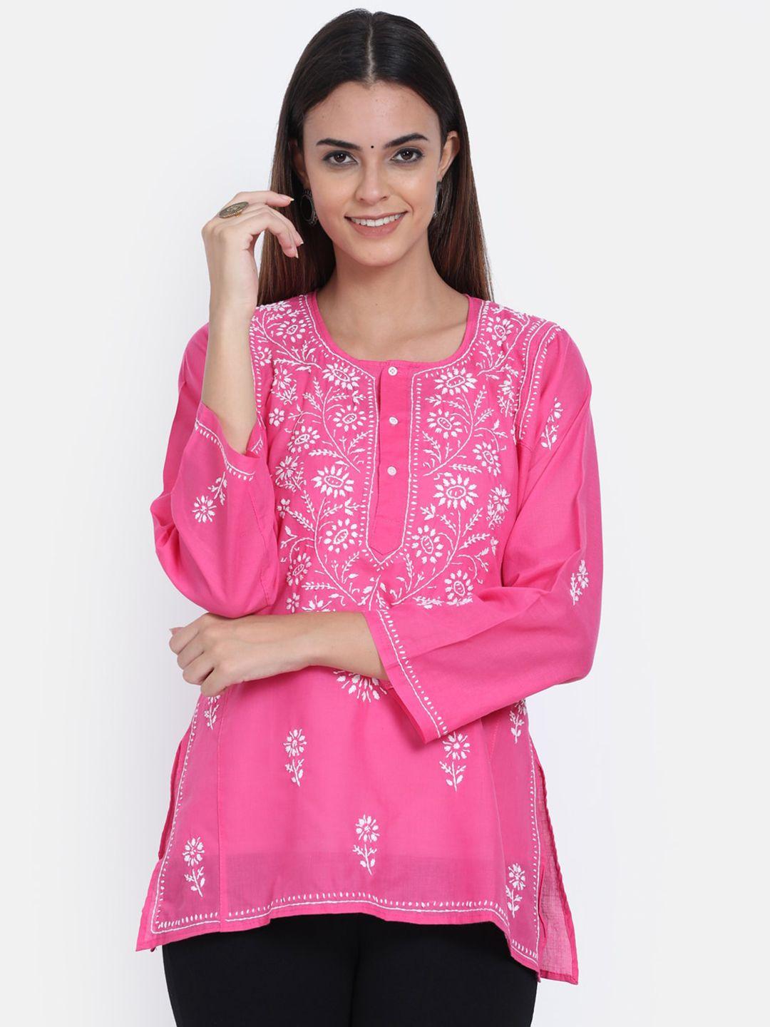 paramount-chikan-pink-&-white-ethnic-motifs-embroidered-chikankari-kurti